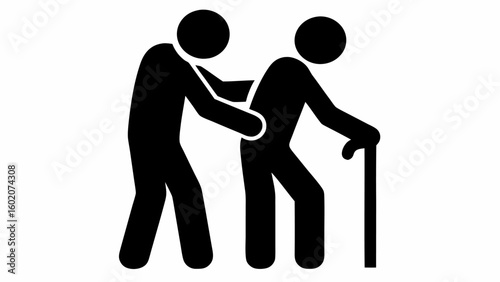 Person assisting an elderly individual with a cane, showing support and care in a simple black silhouette