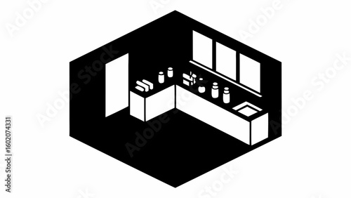 Isometric view of a bathroom interior with counter, sink, mirror and various toiletries in black and white