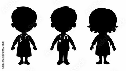 Silhouette illustration of three cartoon doctors with stethoscopes standing side by side on a white background