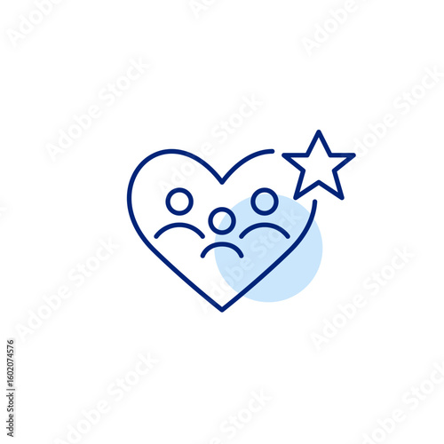 Family of three in heart and star. Trusted protection and insurance services. Award-winning care provider. Pixel perfect, editable stroke vector icon