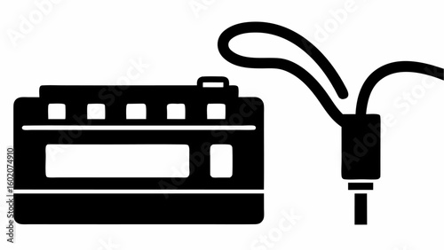 Black and white illustration of a radio device with a cable connected to its side panel area fully shown