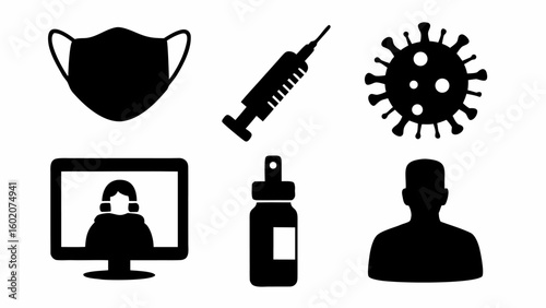 Illustration showing face mask syringe virus computer screen spray bottle and person silhouette design