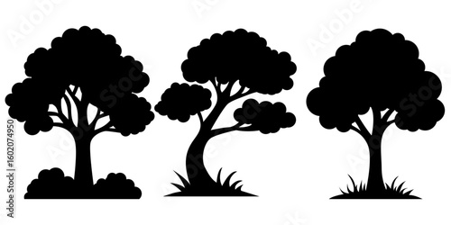 Three tree silhouettes with varying shapes and sizes, set against a white background.