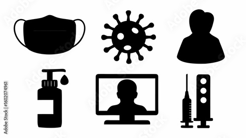 Black and white illustration depicting covid related icons including mask sanitizer and vaccination elements