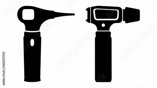 Illustration of two otoscopes medical instruments for examining the ears in a black and white design