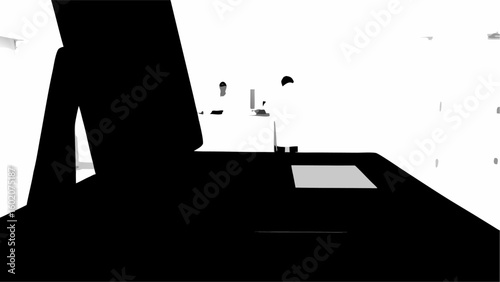 Silhouette of a desk and figures in a bright room with a monitor in the foreground obscuring view