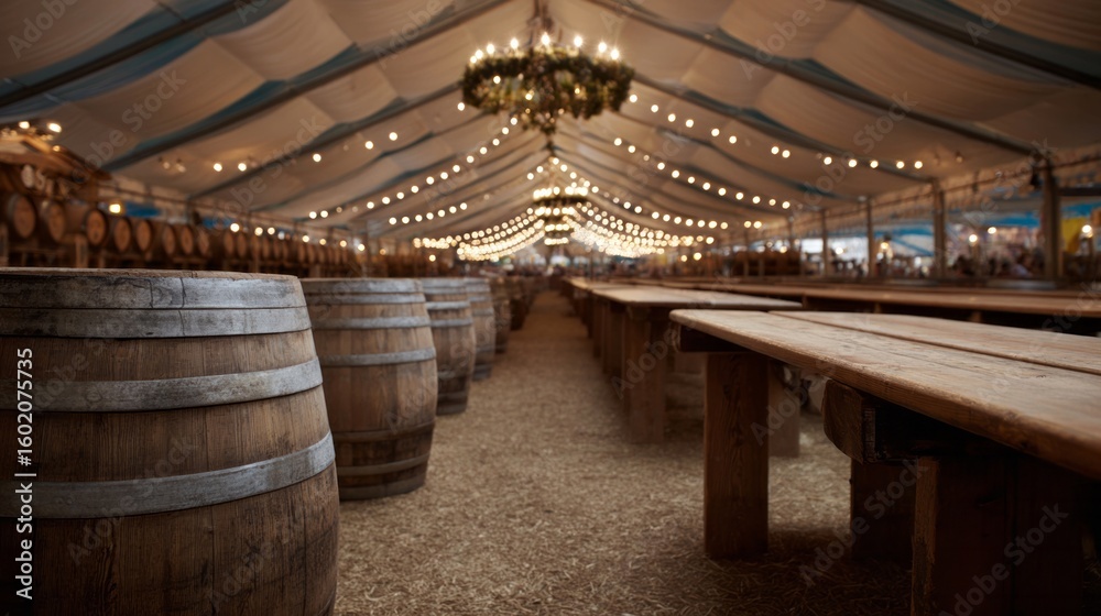 Obraz premium Dimly lit festival tent brims with rustic oak barrels and communal tables, evoking Oktoberfest's vibrant mayhem and medieval revelry