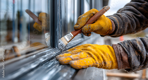 Skilled construction worker applying silicone sealant to a new window frame