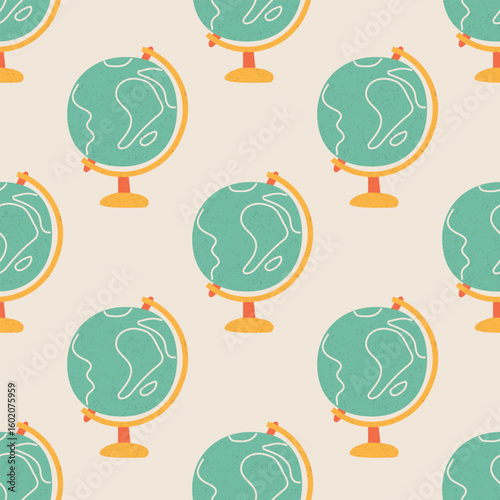Globe seamless pattern. Subject for studying geography at school and at home. Children education. World map. Model of planet earth. Vector pattern for fabric, textiles, wrapping paper, cover, banner