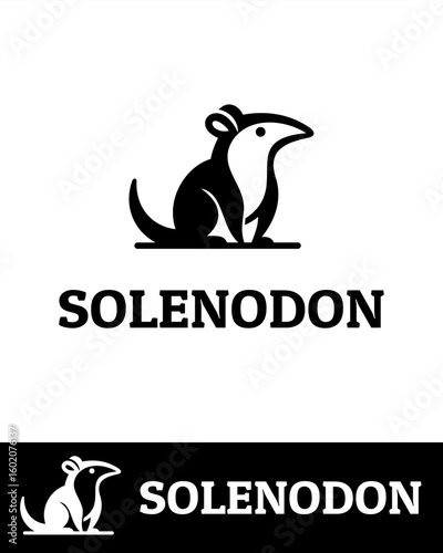 Stylized black and white solenodon animal logo in minimalist vector design, featuring a unique rodent-like creature with a long snout