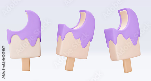 Set bitten Ice cream with chokolate glaze, icon, 3d render. Design elements. Realistic fast food icon. Sweet food. Vector illustration isolated on white for menu, shop, flyer, banner, web, adv, sale