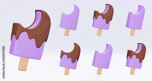 Set bitten Ice cream with chokolate glaze, icon, 3d render. Design elements. Realistic fast food icon. Sweet food. Vector illustration isolated on white for menu, shop, flyer, banner, web, adv, sale