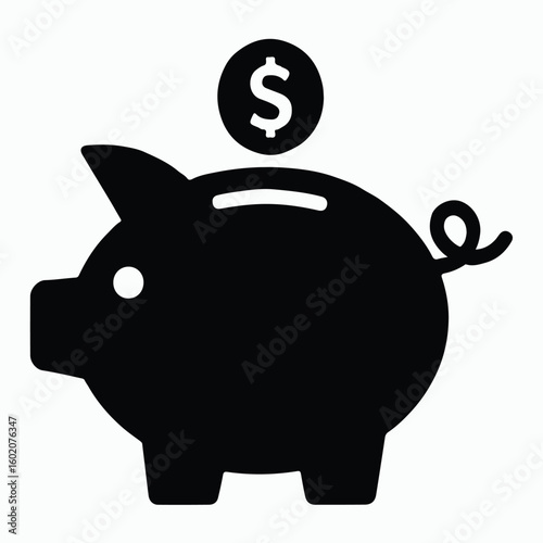 Simple piggy bank silhouette with dollar coin, perfect for financial concepts.
