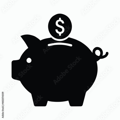 Simple piggy bank silhouette with dollar coin, perfect for financial concepts.
