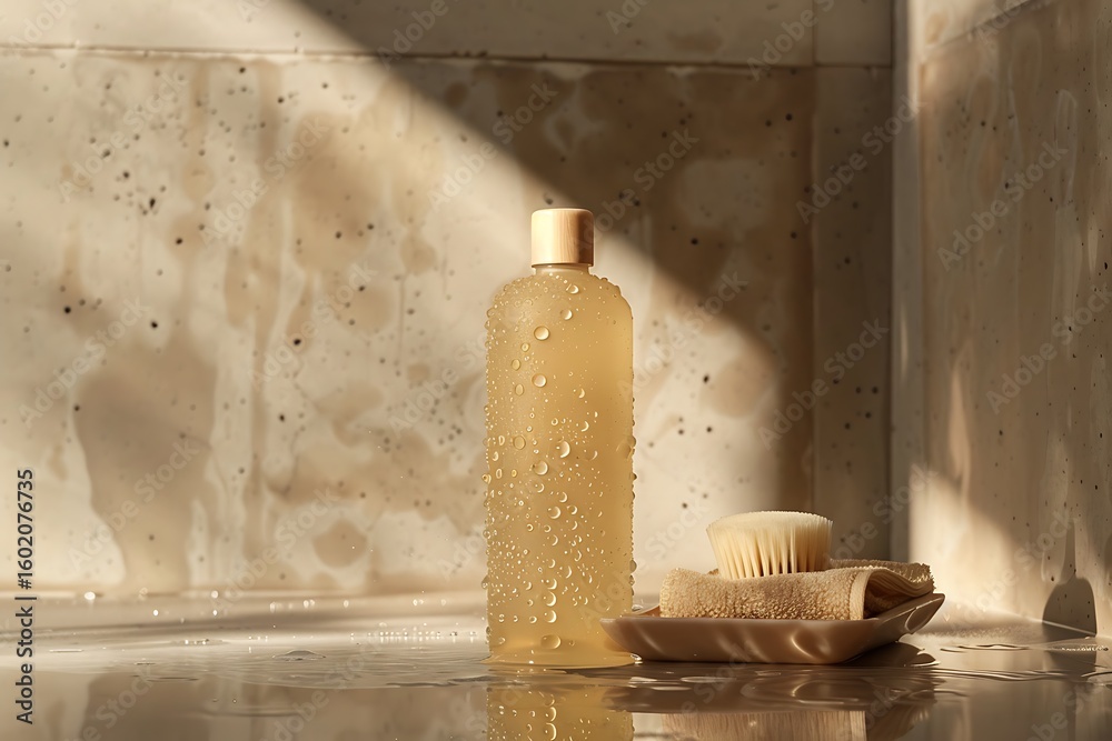 Obraz premium Body Wash Bottle With Clean Label, Standing Upright With Water Droplets On The Surface, Beside A Natural Sponge And Soap Dish. The Background Includes A Soft Beige Wall And Tiled Surface With Morn