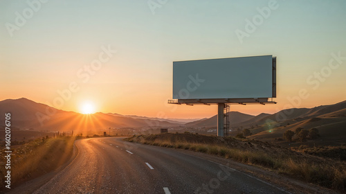 A deserted street scene with a large empty billboard under a blue sky at sunset.