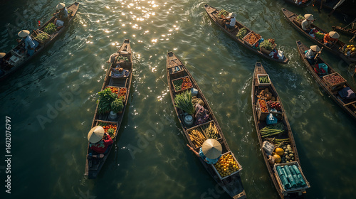 A very realistic aerial shot of a lively river with vendors selling vegetables and fruits on boats.