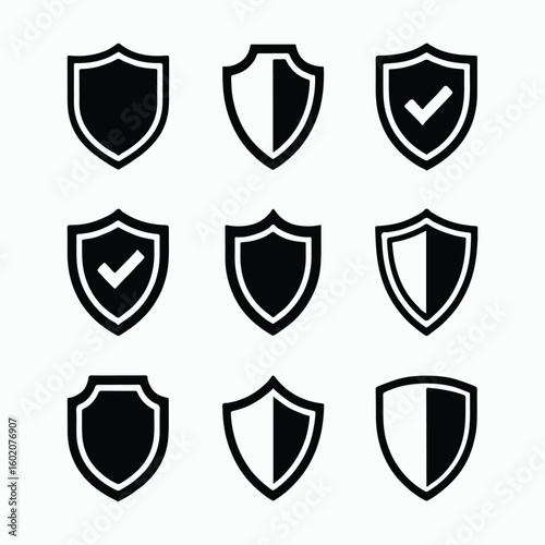 Collection of Black and White Shield Icons
