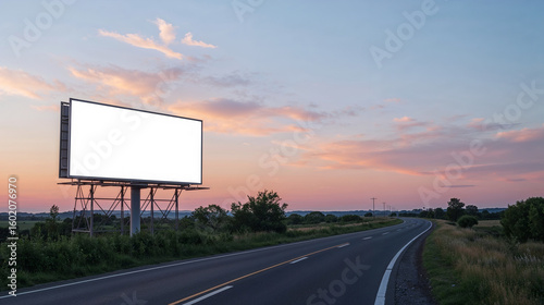 A deserted street scene with a large empty billboard under a blue sky at sunset.