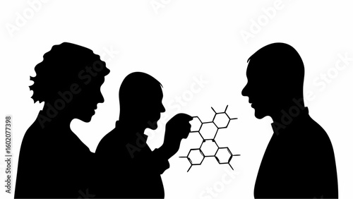 Silhouetted figures examining a molecular structure with interconnected hexagonal rings design closely together