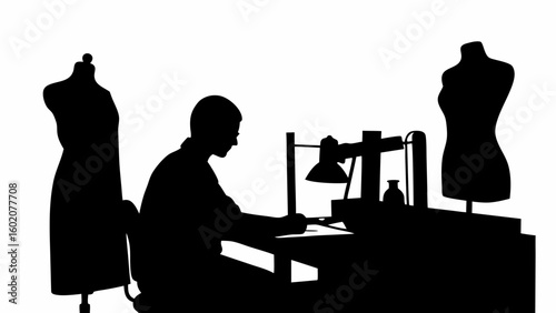 Silhouette of a tailor working at a desk with mannequins and a lamp in a sewing studio setting view