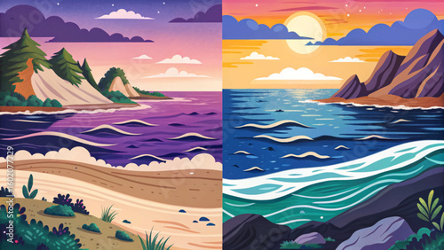 Dual sea waves at sunset time with beautiful sky and clouds cartoon, ocean wallpaper