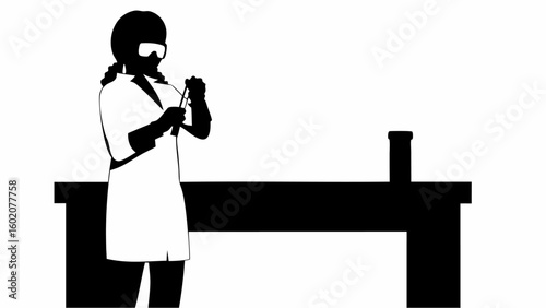 Silhouette of a scientist in lab coat and goggles holding test tubes at a lab bench with equipment