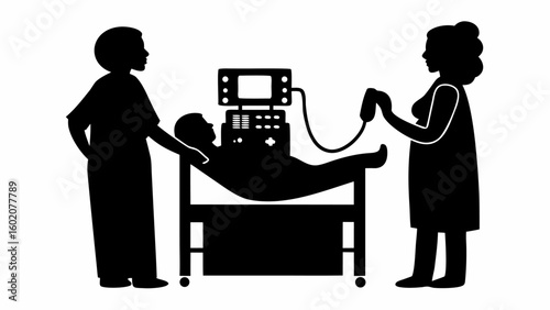 Silhouette illustration of patient lying on examination table with doctor and nurse performing ultrasound scan