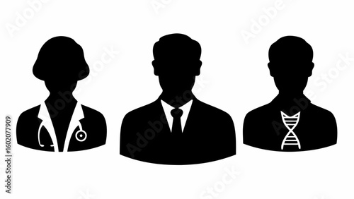 Silhouette avatars of doctor business person and scientist representing different professions in black
