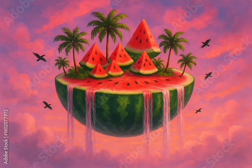 Creative surreal watermelon island with palm trees and waterfalls floating in sky artwork concept fantasy scenery for summer magic celebrating world watermelon day vibes