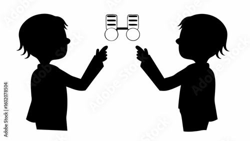 Two silhouette figures pointing at a trial frame used for eye exams and vision correction procedures