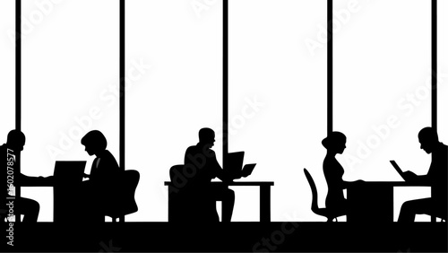 Silhouetted office scene depicts workers at desks with laptops against a large window backdrop design