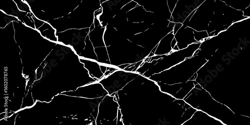 A striking, high-contrast image featuring bold white cracks and veins against a deep, dark, almost obsidian-like background, reminiscent of natural black marble or a shattered surface.