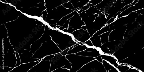 A striking, high-contrast image featuring bold white cracks and veins against a deep, dark, almost obsidian-like background, reminiscent of natural black marble or a shattered surface.