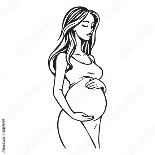 Elegant illustration of a pregnant woman holding her belly with eyes closed in serene contemplation