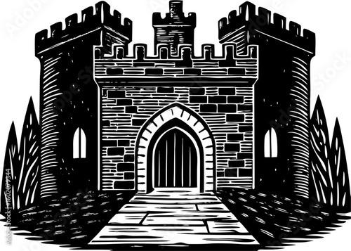  Medieval Castle Gatehouse Entrance - Fortress with Torches
