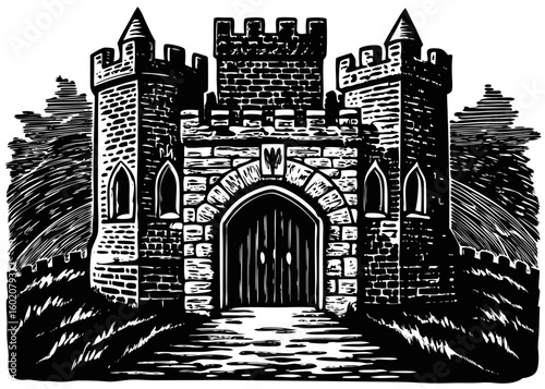  Medieval Castle Gatehouse Entrance - Fortress with Torches