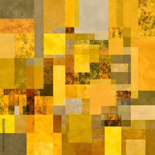 Intricate Yellow Mosaic with Varied Geometric Shapes and Textures