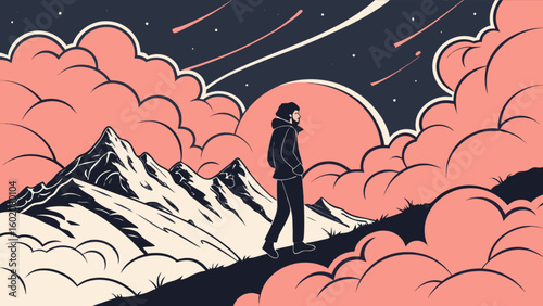 Mountain hiking adventure illustration with traveler under night sky and clouds vector graphic