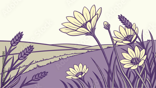 Illustration of daisy flowers in a field with wheat and rolling hills landscape in the background art vector