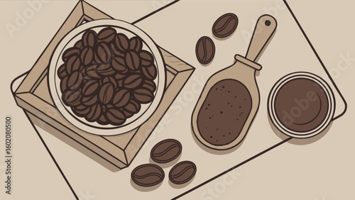 Aerial view of coffee beans in bowl with scoop and cup perfect for coffee shop advertising design