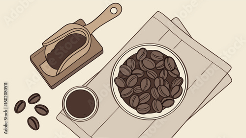 Coffee beans and scoop illustration for coffee shop cafe menu design and coffee product presentation art
