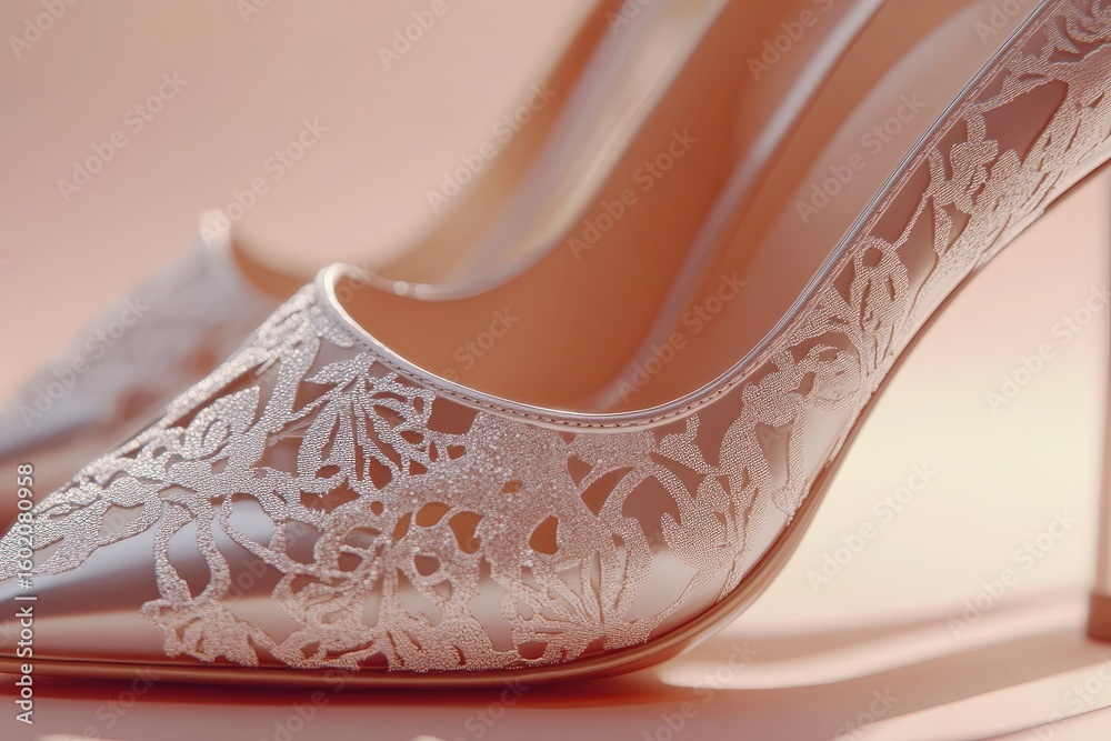 Obraz premium Close-up of elegant, lacy high-heeled shoes.