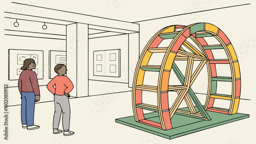 Art museum exhibition colorful wooden sculpture installation people viewing modern art display design creative show