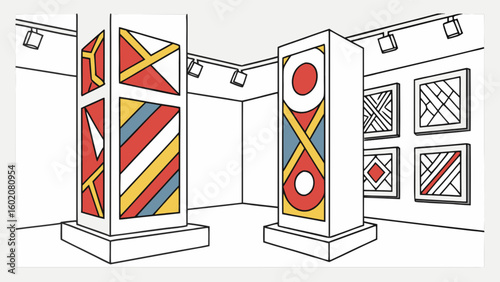 Geometric art gallery exhibit design showcasing modern abstract paintings on pillars and framed artwork wall