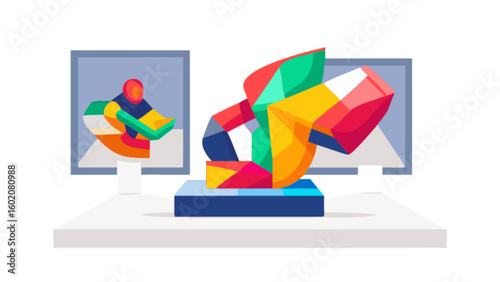 Modern art gallery exhibit showing colorful abstract sculpture and framed artwork on display in museum space