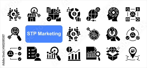 STP Marketing editable stroke icon set, with Segmentation, Target market, Buyer persona, Demographic, Psychographics, Market positioning, Value proposition