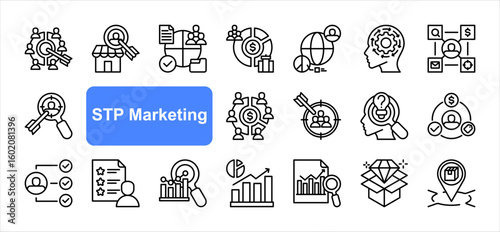STP Marketing editable stroke icon set, with Segmentation, Target market, Buyer persona, Demographic, Psychographics, Market positioning, Value proposition