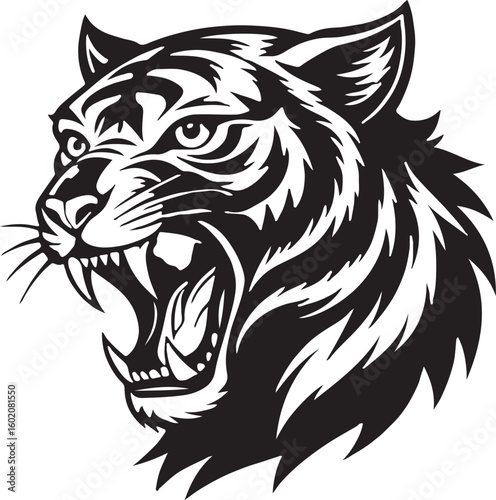 Roaring Tiger Head Black and White Vector Illustration – Wild Animal Tattoo Design