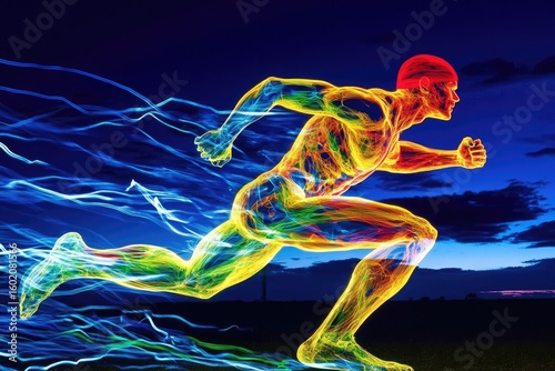 A vibrant, stylized depiction of a male figure sprinting at dusk, muscles and energy trails rendered in a spectrum of warm and cool colors against a dark blue sky.  